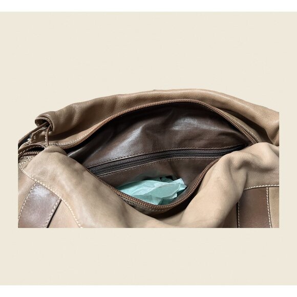 Italian Leather Shoulder Crossbody Bag 1990s –Two‑Tone Brown – Drawstring Buckle - Picture 6 of 8